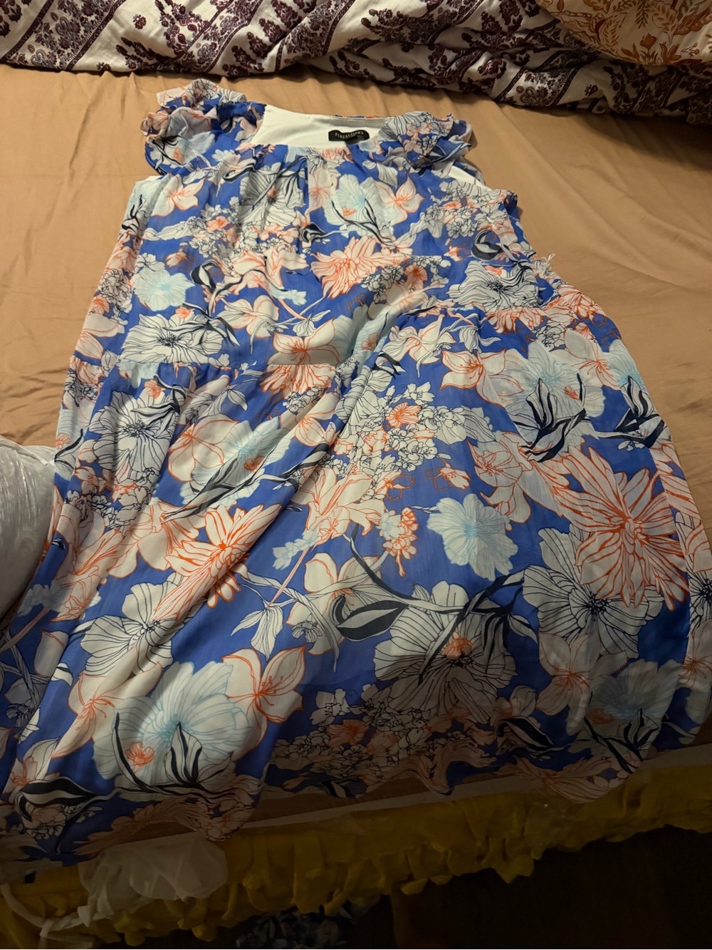 Perceptions Blue Floral Midi Dress with Coral Accents